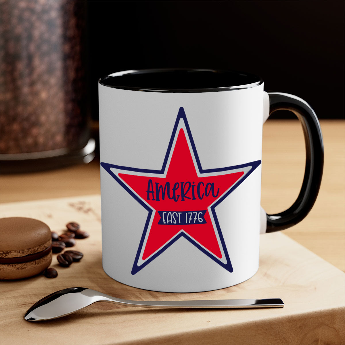 America East Style 144# Mug featuring a glossy finish with a colored handle and interior, available in multiple colors.
